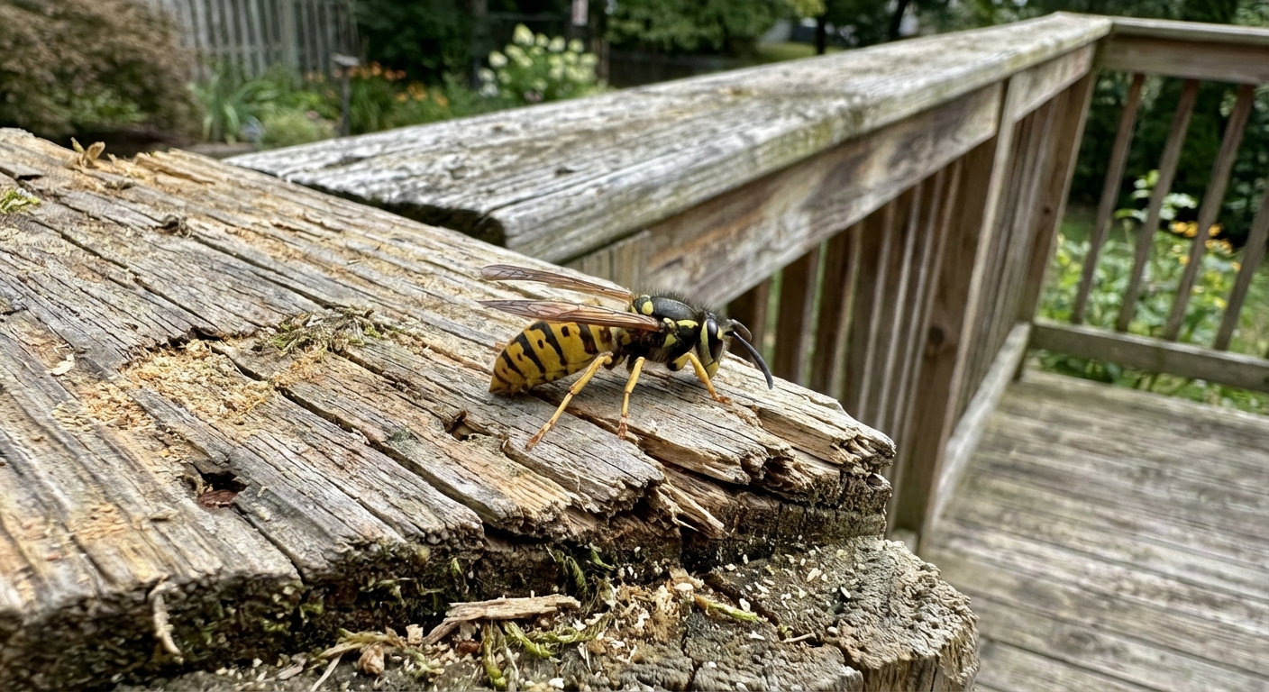 A real photo of a yellow jacket wasp on unfinished wood near a deck, showing its yellow and black banding and stout body