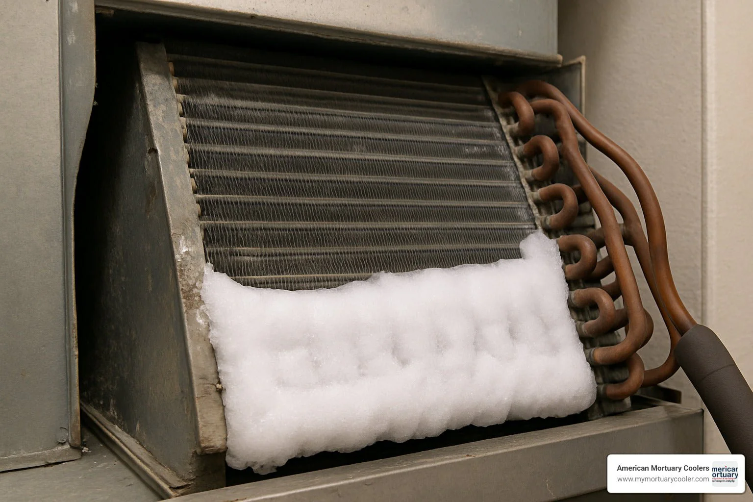 A real photo of an HVAC evaporator coil access area showing frost buildup and ice on nearby copper refrigerant tubing inside a home utility space