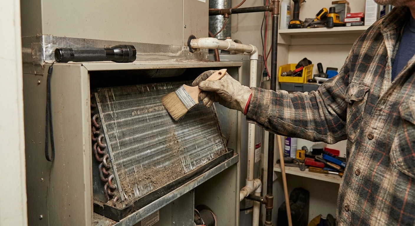 A real photo of an HVAC technician-style scene showing a homeowner using a soft brush to clean dust from an exposed evaporator coil inside an air handler, careful close-up, indoor utility room