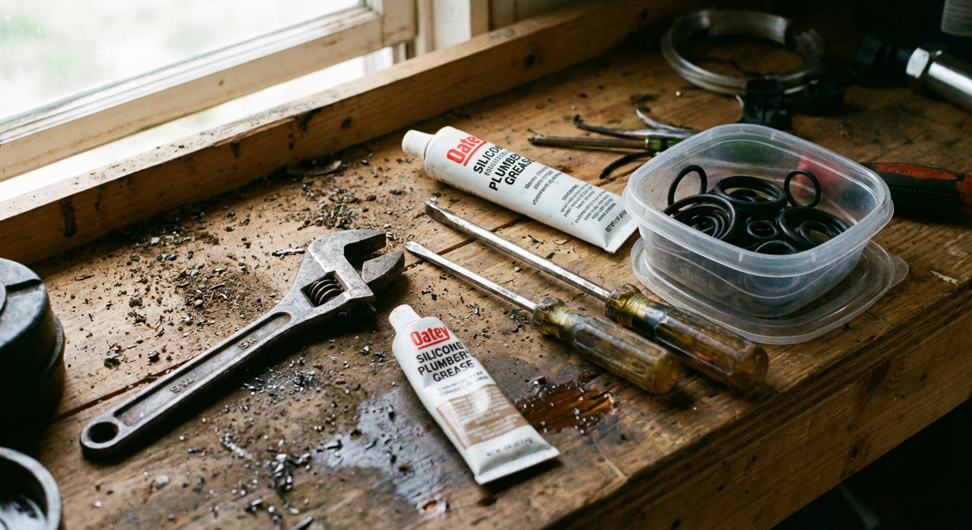 A real photo of an adjustable wrench, screwdrivers, silicone plumber's grease, and a small assortment of faucet O-rings on a workbench