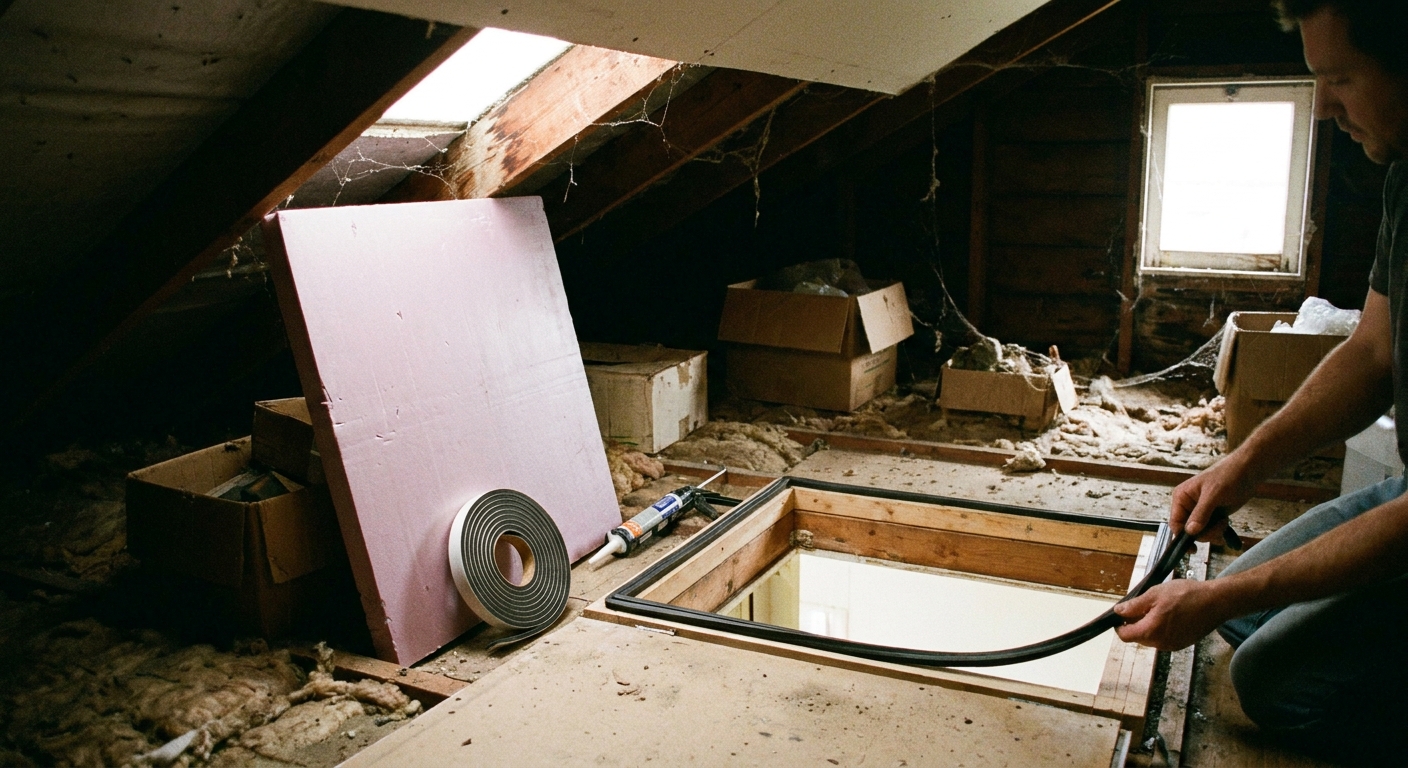A real photo of an attic access hatch in a ceiling with weatherstripping being applied and a foam insulation panel nearby