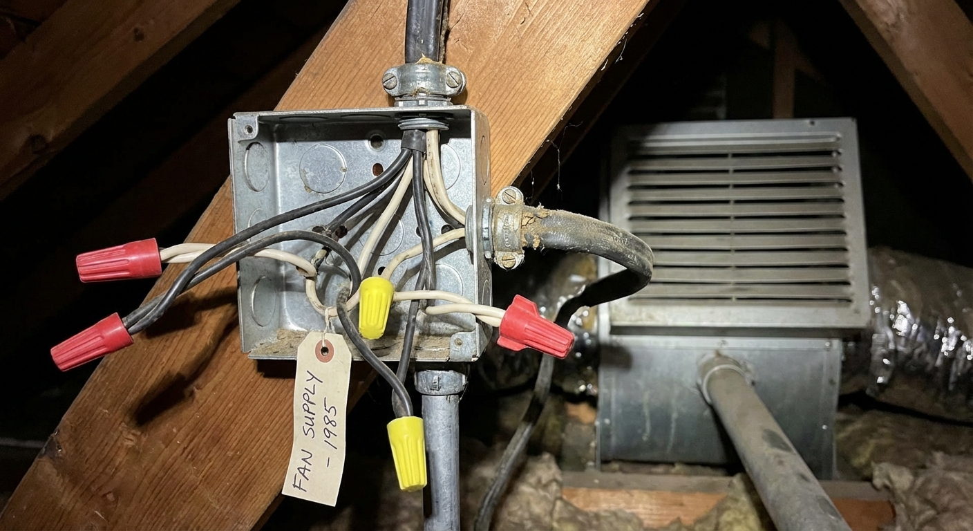 A real photo of an attic electrical junction box with wire nuts and metal cable clamps supplying power to a whole-house fan