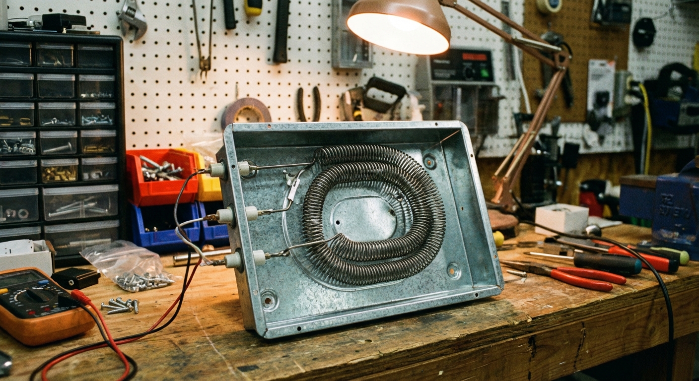A real photo of an electric dryer heating element assembly on a workbench, with the coiled element visible inside a metal housing, workshop lighting