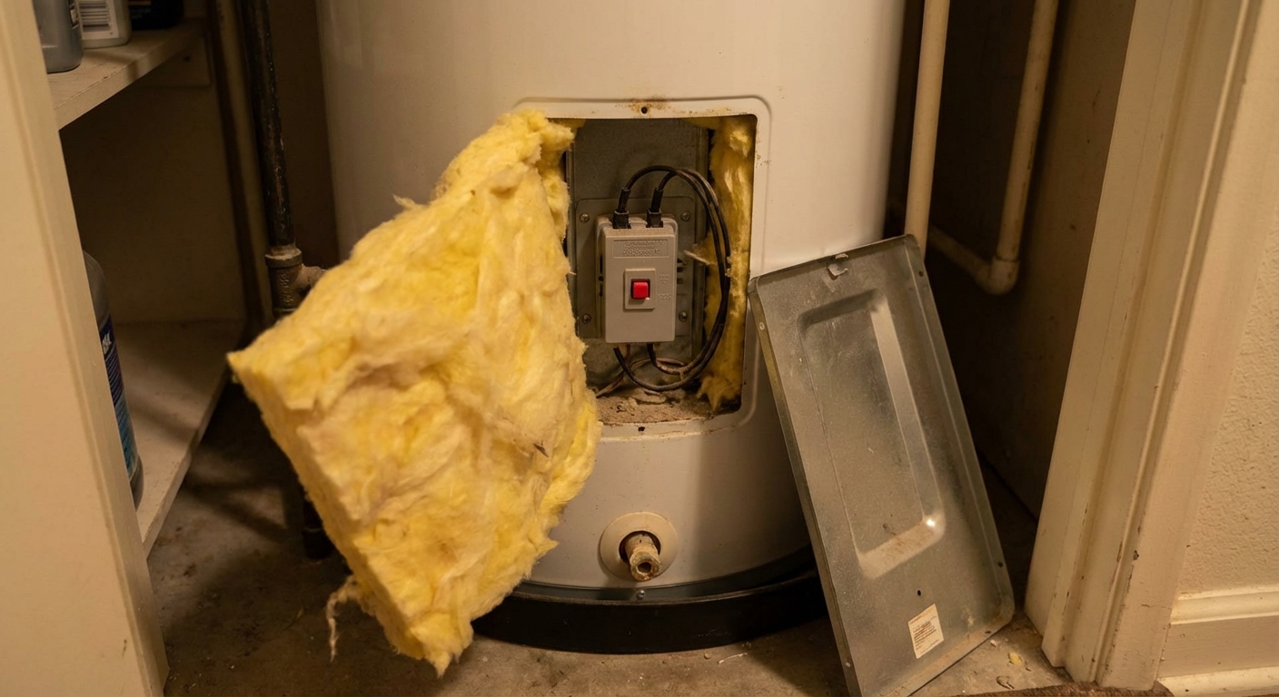A real photo of an electric water heater upper access panel removed, showing the thermostat with a small red reset button and visible insulation pulled aside, indoor utility room lighting