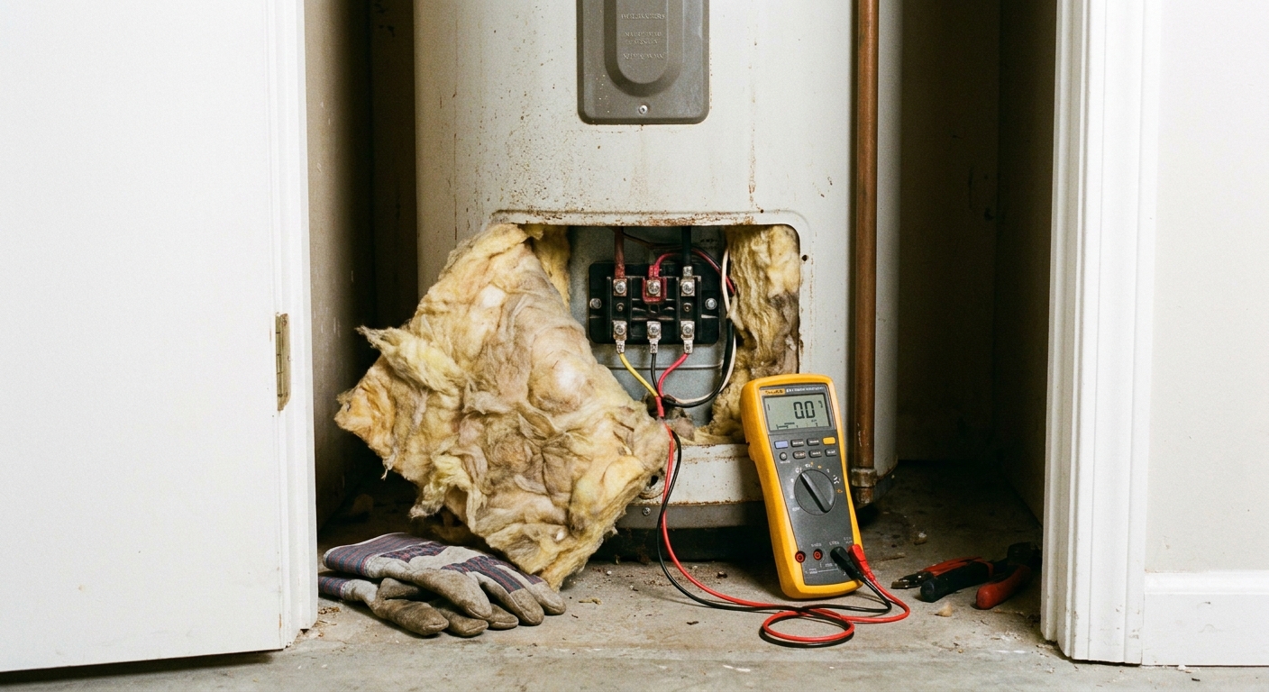 A real photo of an electric water heater with the lower access panel removed, insulation pulled back, and a multimeter placed near the element terminals for testing