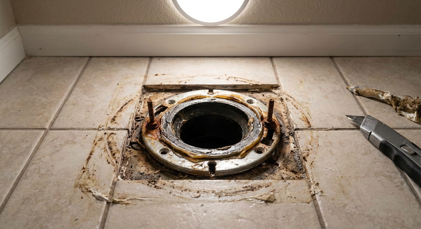 A real photo of an exposed toilet flange on a bathroom floor after a toilet has been removed, showing the circular flange and bolt slots, indoor lighting
