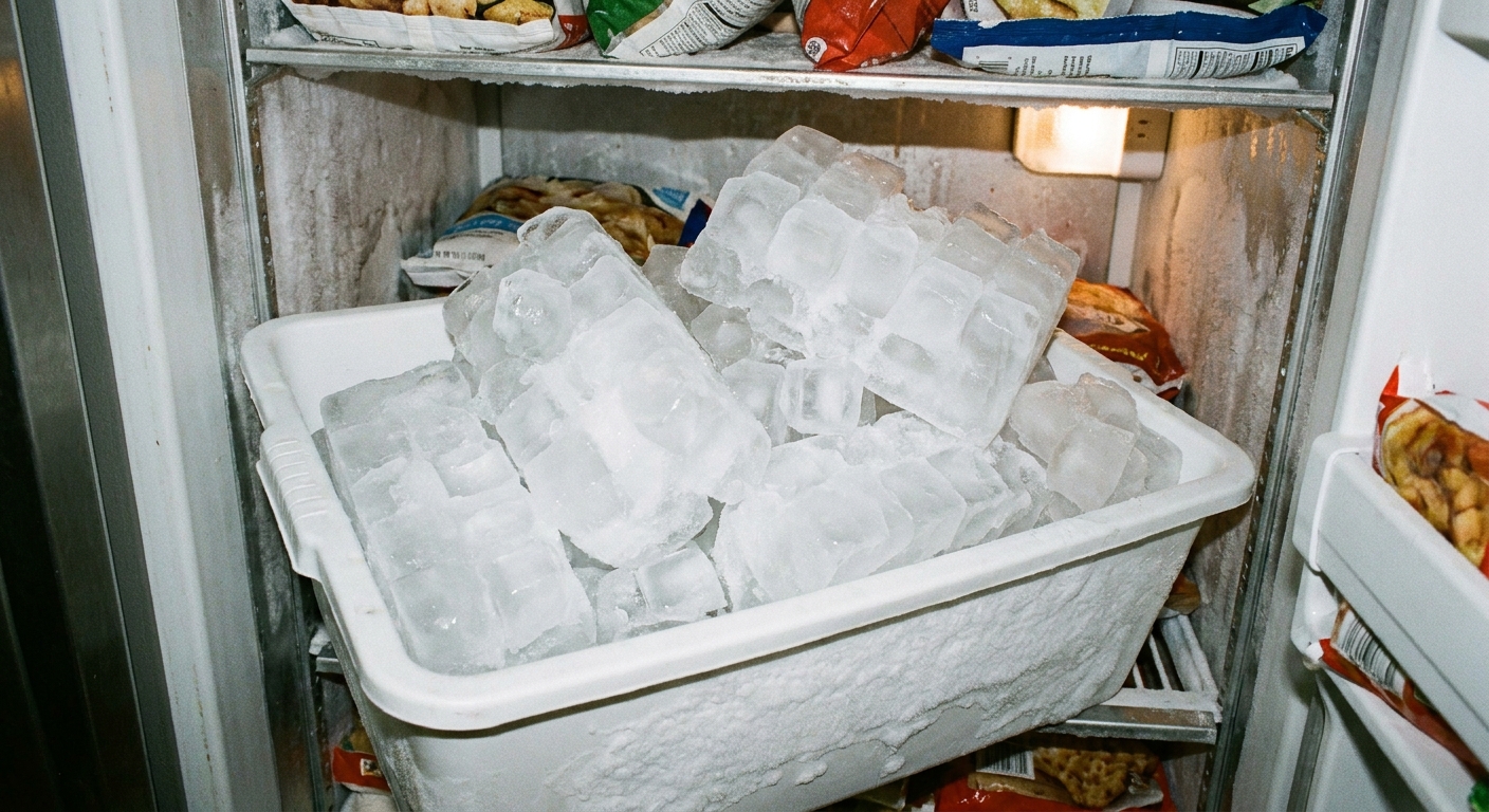 A real photo of an ice bin in a freezer with clumped ice cubes that have partially fused together