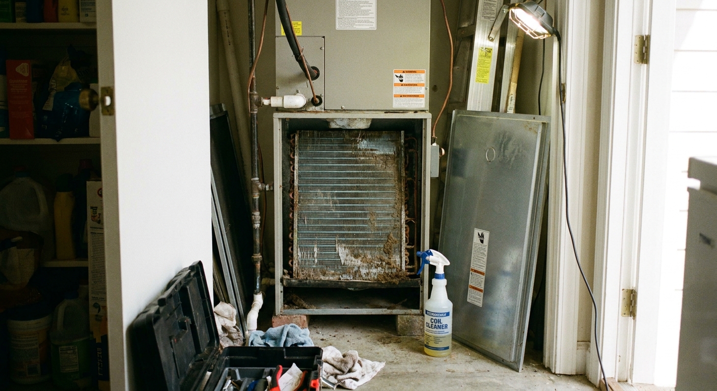 A real photo of an indoor HVAC air handler with the access panel removed, showing the evaporator coil fins and a technician-style spray bottle nearby, in a residential utility closet
