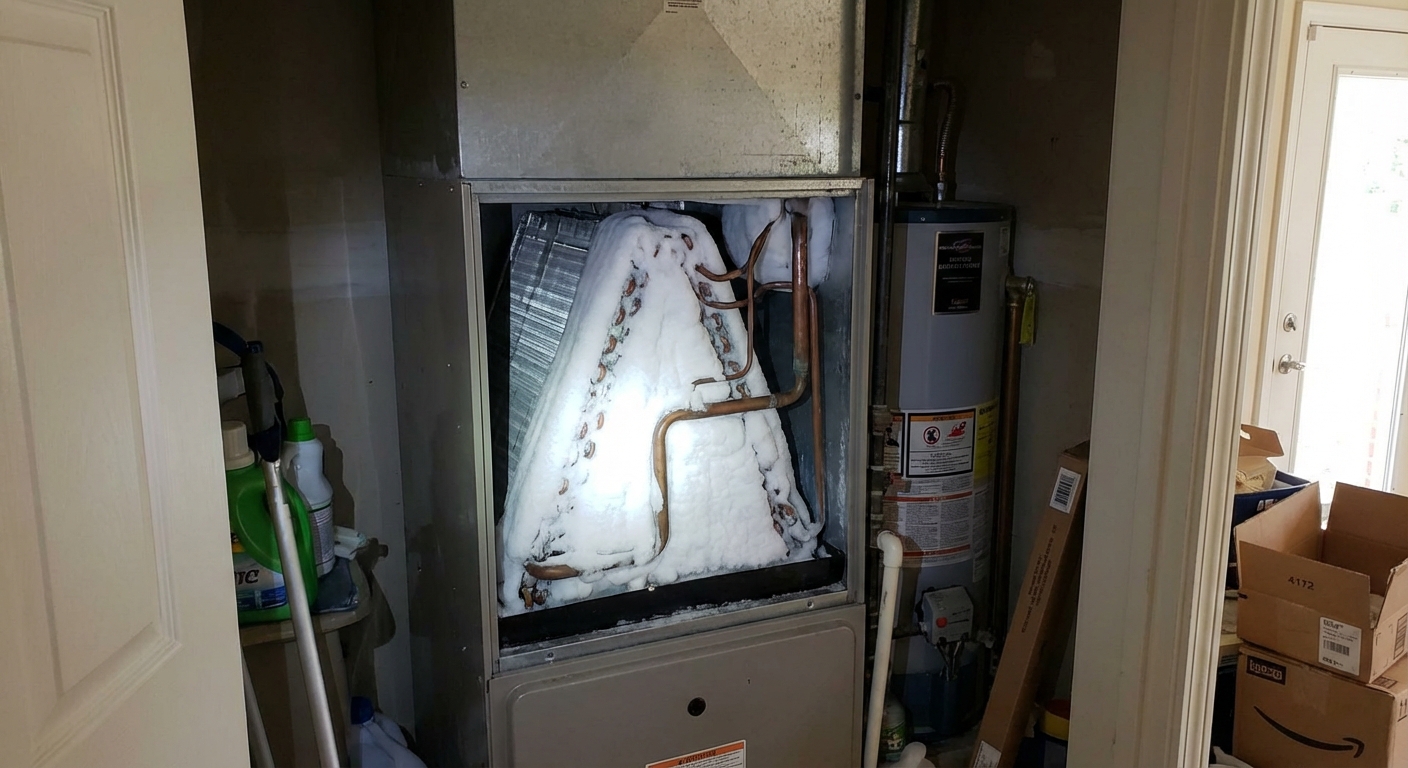 A real photo of an indoor HVAC evaporator coil compartment opened with thick ice built up on the coil fins and refrigerant lines, utility closet setting, natural indoor lighting