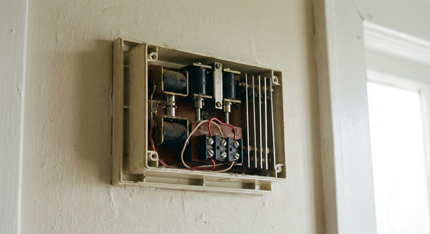 A real photo of an indoor doorbell chime with the cover removed, showing terminal screws labeled for front and transformer with low-voltage wires attached
