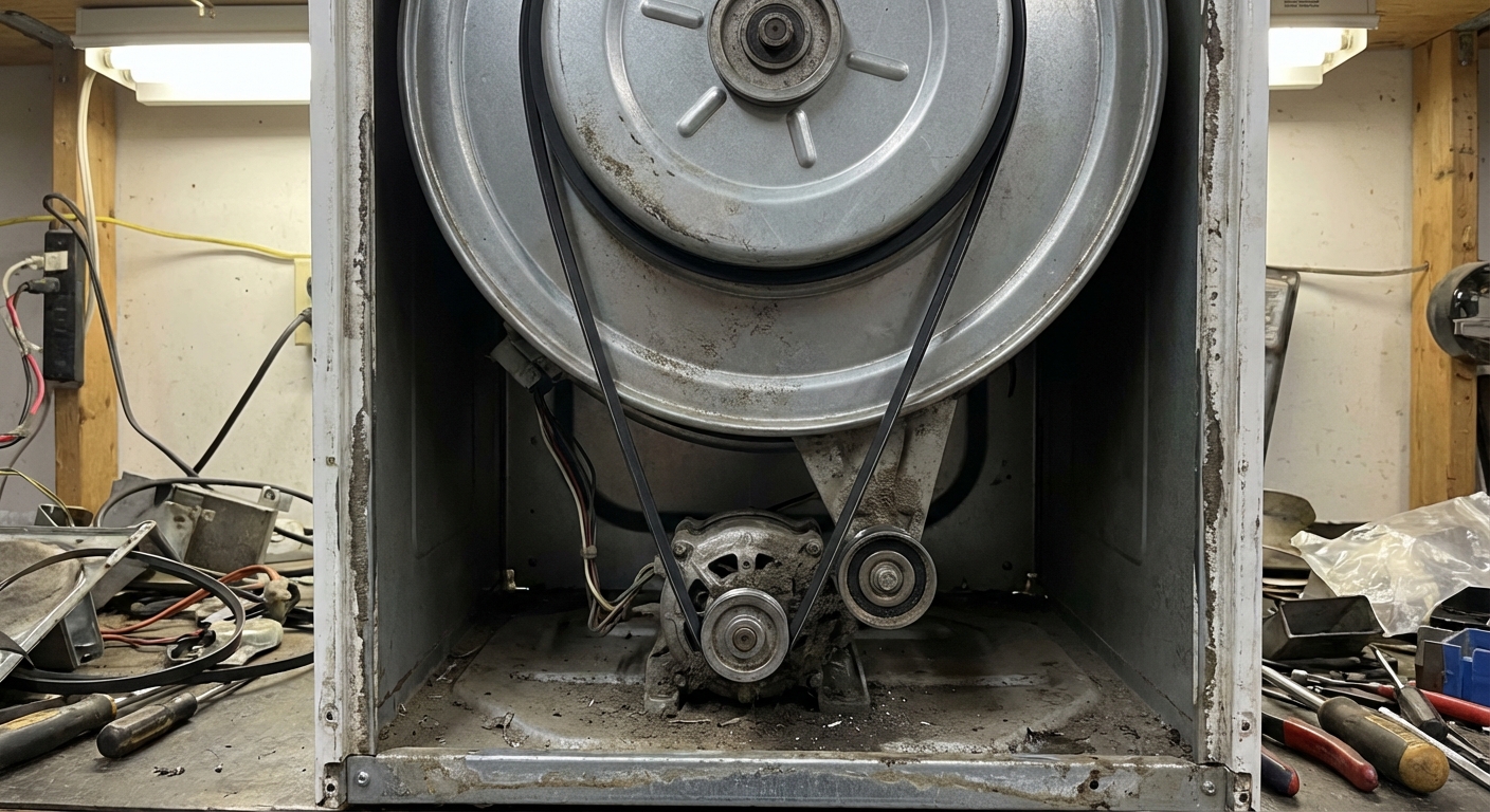 A real photo of an open dryer cabinet showing the drum with a new belt properly wrapped around it and routed down to the motor pulley, close-up view with workshop lighting