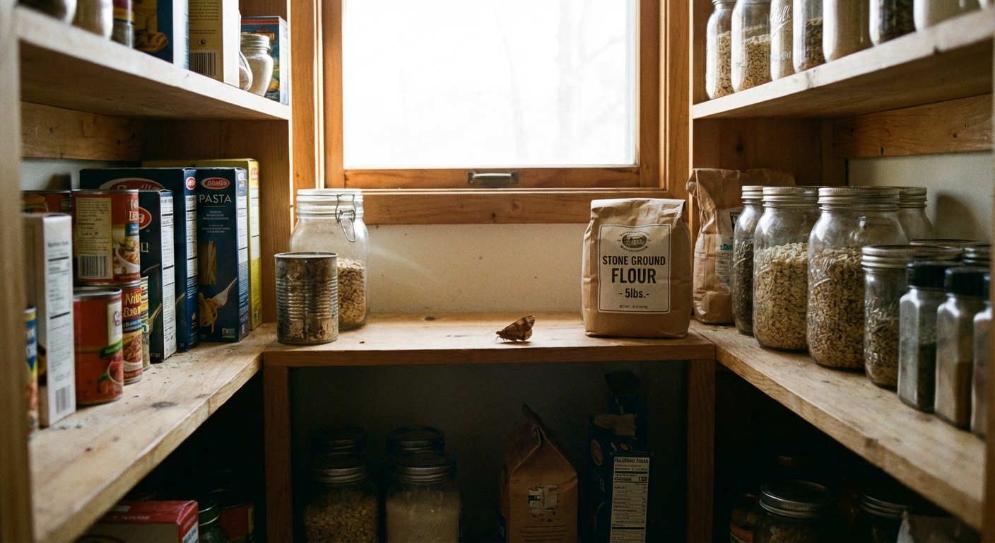 A real photo of an open kitchen pantry with several shelves of dry goods, with one small brown pantry moth resting on a shelf near a bag of flour, natural indoor lighting