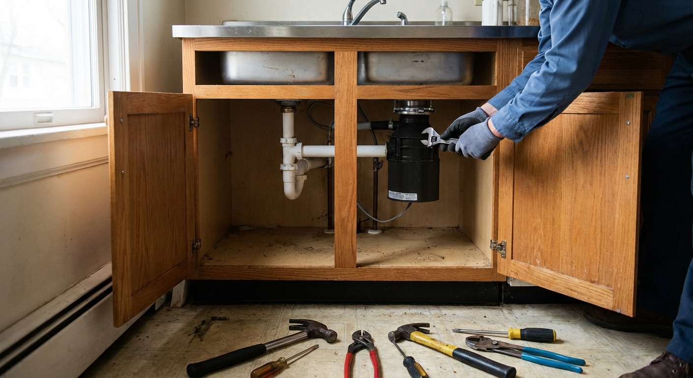 A real photo of an open kitchen sink cabinet with a garbage disposal mounted under a stainless steel sink, basic hand tools on the cabinet floor, and a person’s hands reaching in to work, natural indoor lighting