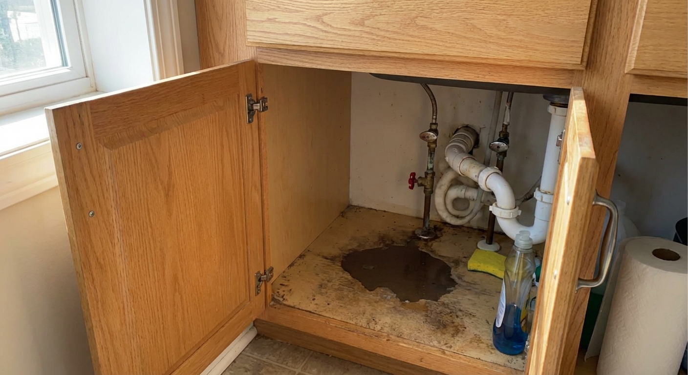 A real photo of an open kitchen sink cabinet with a small puddle on the cabinet floor and visible drain pipes and shutoff valves under the sink, natural indoor lighting, straightforward homeowner documentation style