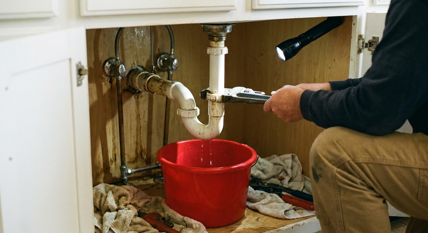 A real photo of an open kitchen sink cabinet with a bucket underneath while someone loosens the slip nuts on a white PVC P-trap