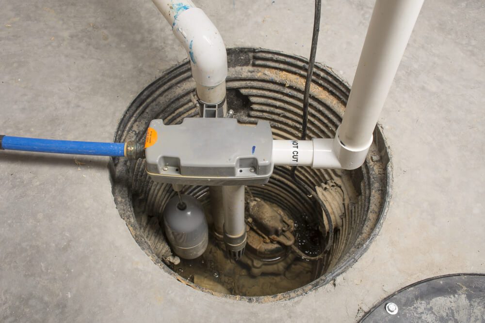 A real photo of an open sump pump pit in a concrete basement floor with the lid set aside and the pump and discharge pipe visible