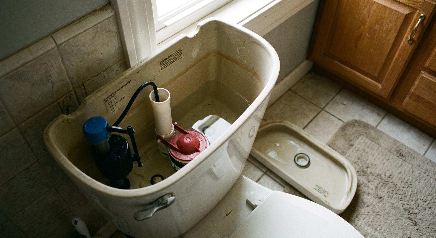 A real photo of an open toilet tank in a home bathroom, showing the fill valve on the left and the flapper over the flush valve, with the lid set aside