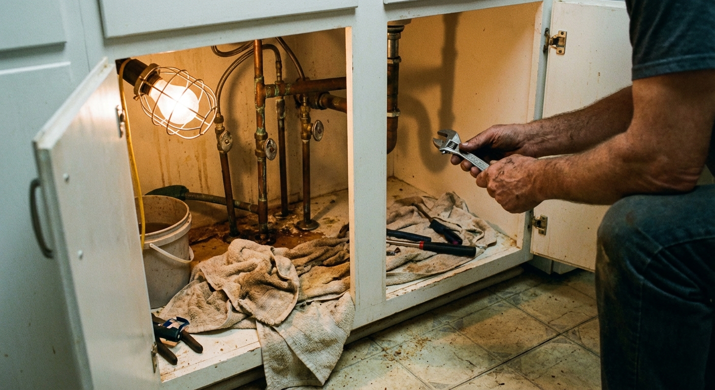 A real photo of an open under-sink cabinet with exposed copper pipes and shutoff valves, lit by a work light, with a homeowner’s hands holding a small adjustable wrench near the plumbing, DIY home repair scene