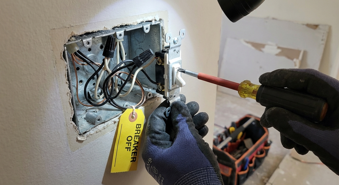 A real photo of an open wall switch box with house wiring visible and the breaker off, showing a screwdriver tightening a screw terminal on a switch