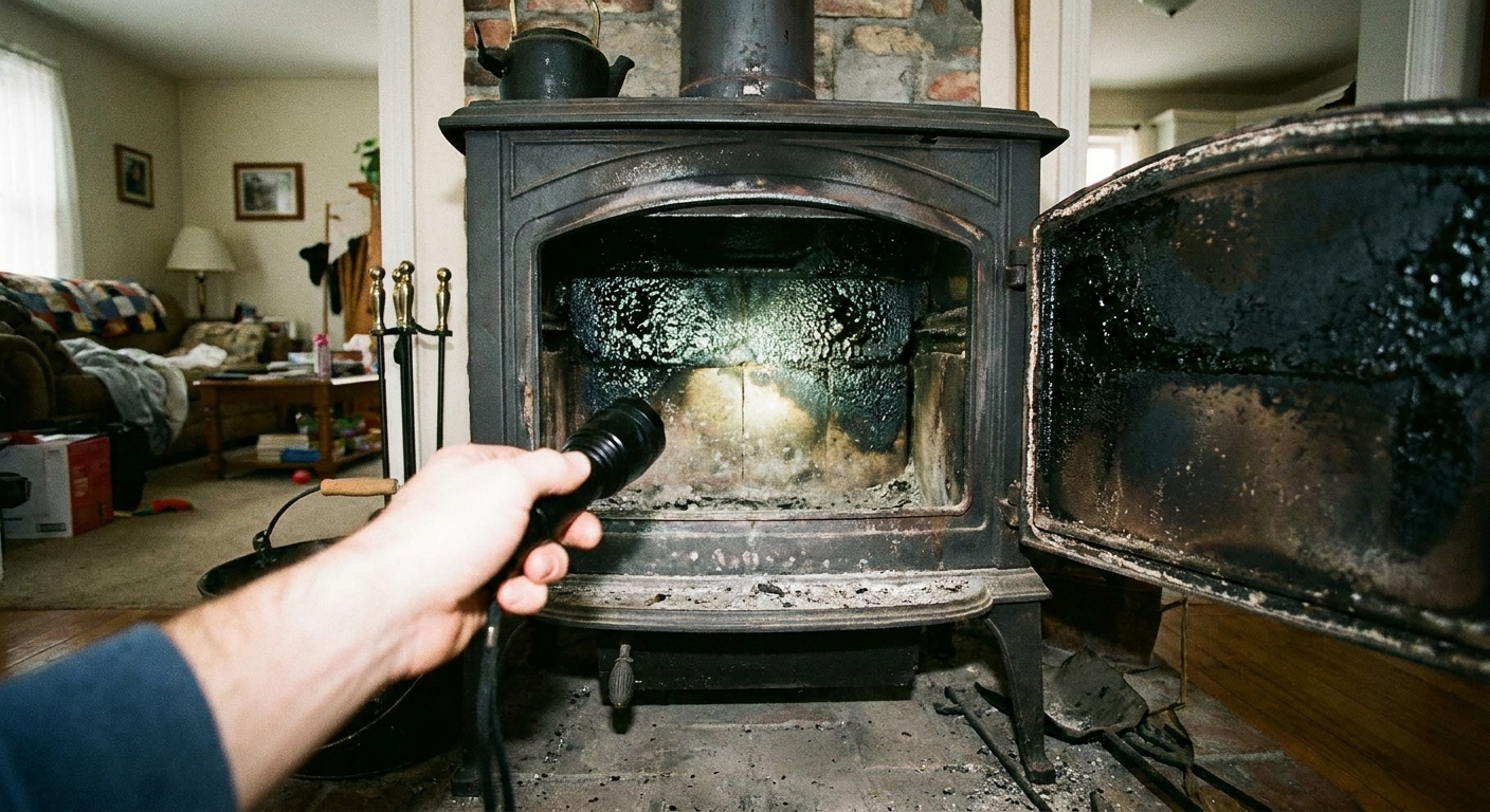 A real photo of an open wood stove door with a flashlight shining up into a dark flue, showing black creosote residue on the metal or masonry surfaces in a lived-in home