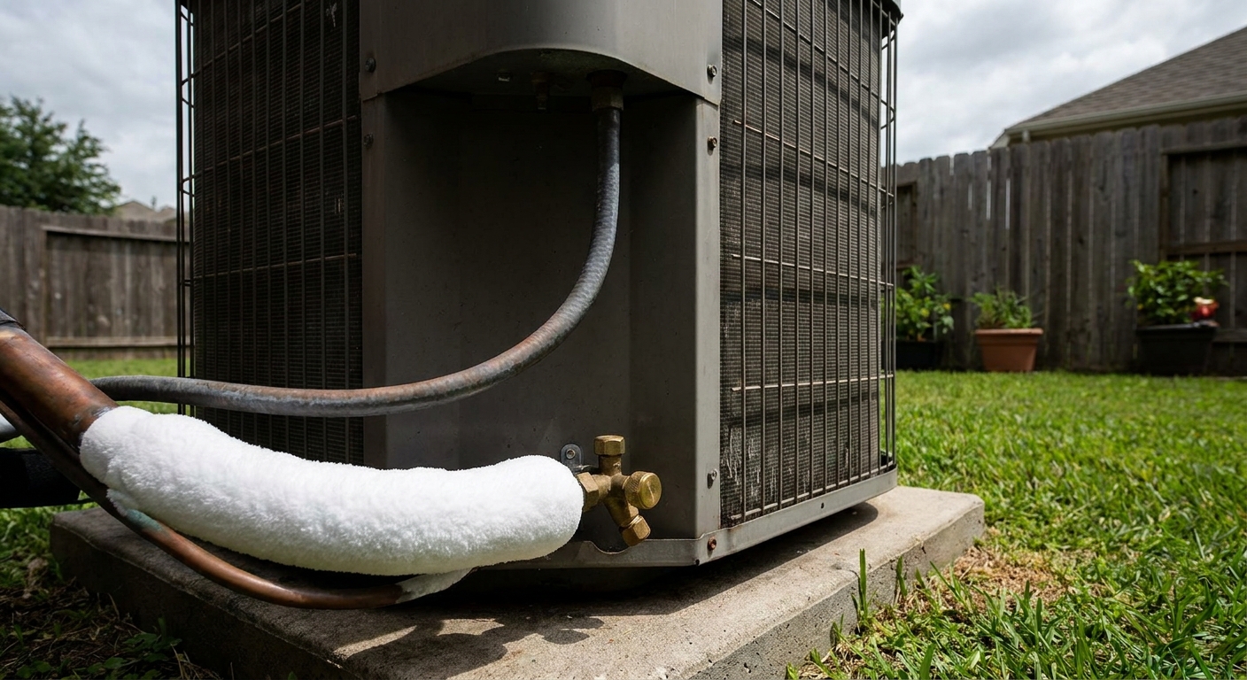 A real photo of an outdoor AC condenser with the larger copper refrigerant line showing visible frost near the service valve area