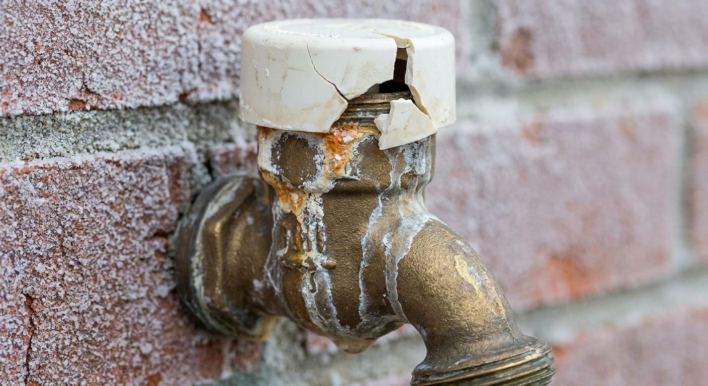 A real photo of an outdoor faucet vacuum breaker with a visibly cracked plastic cap and mineral stains from leaking after freezing weather