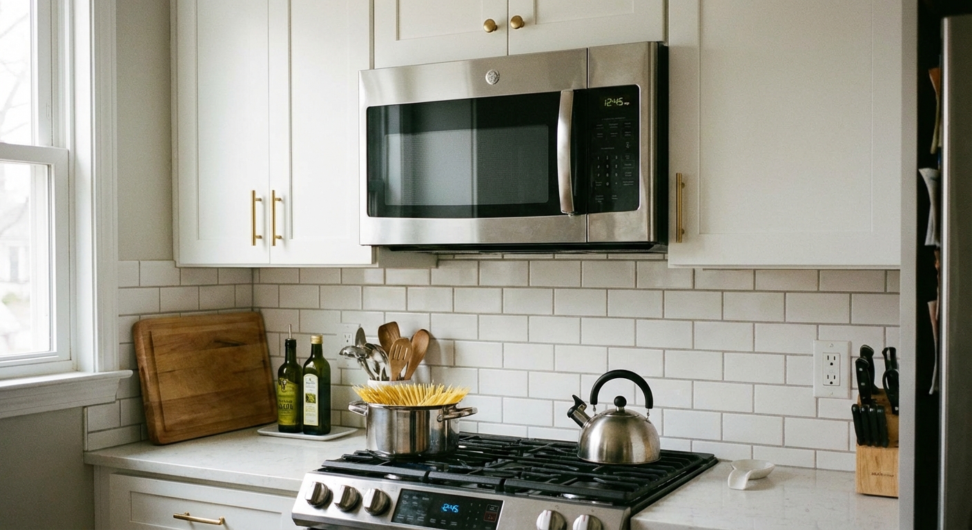 A real photo of an over-the-range microwave installed above a stove in a home kitchen, with cabinet doors and backsplash visible, shot straight-on