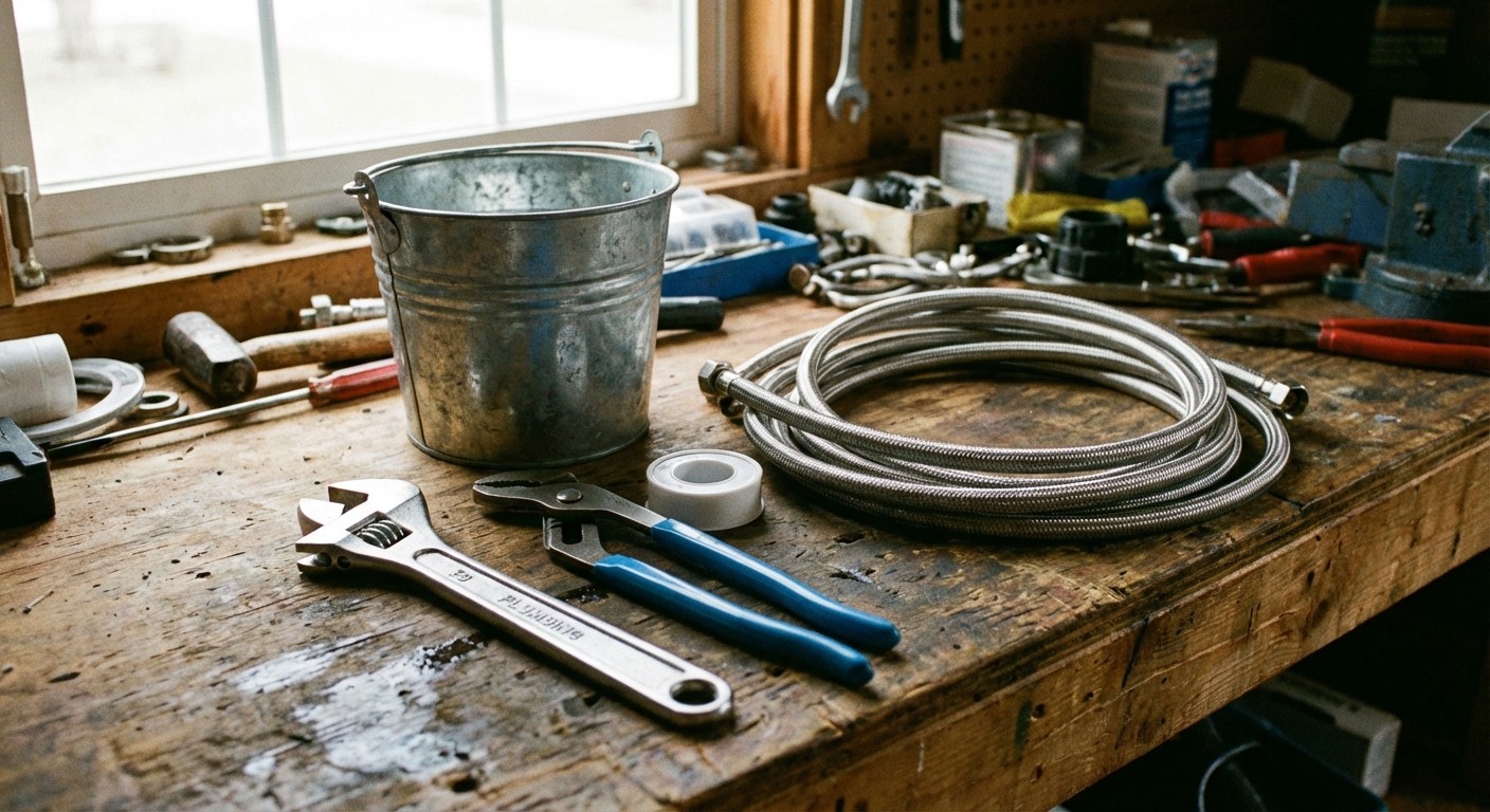 A real photo of basic plumbing tools laid out on a workbench: adjustable wrench, channel-lock pliers, plumber's tape, a small bucket, and a few spare braided faucet supply lines, well-lit workshop scene