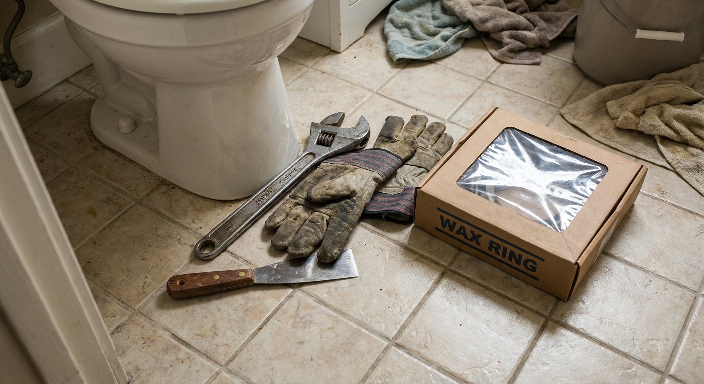 A real photo of basic toilet removal tools on a bathroom floor, including an adjustable wrench, gloves, a putty knife, and a new wax ring in its package