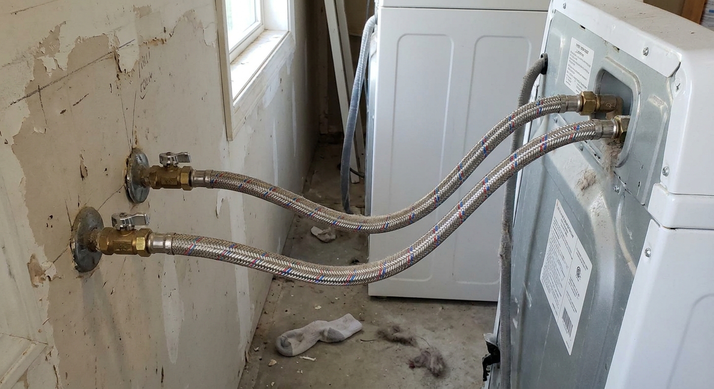 A real photo of braided stainless steel washing machine supply hoses connected to the wall shutoff valves behind a washer in a laundry room