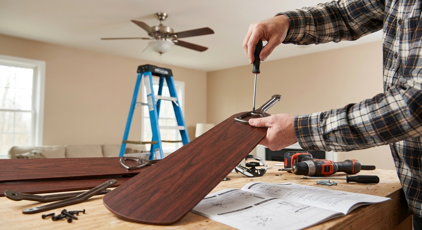 A real photo of ceiling fan blades being screwed onto the blade arms on a workbench
