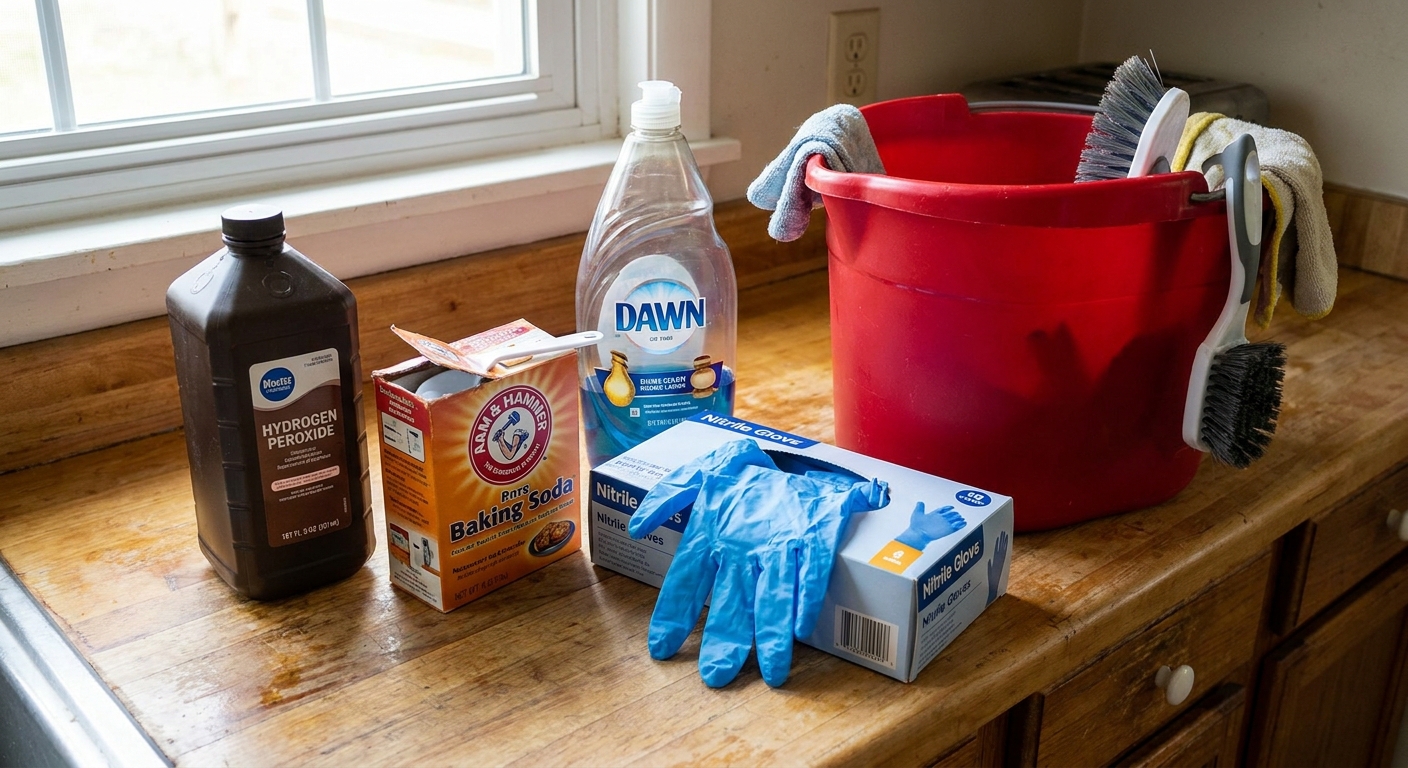 A real photo of common cleanup supplies on a kitchen counter, including hydrogen peroxide, baking soda, dish soap, nitrile gloves, and a bucket, ready for skunk odor cleanup