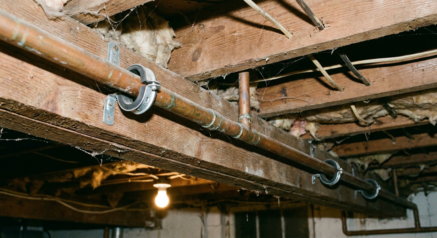 A real photo of copper heating pipes running along a basement joist with cushioned pipe hangers installed