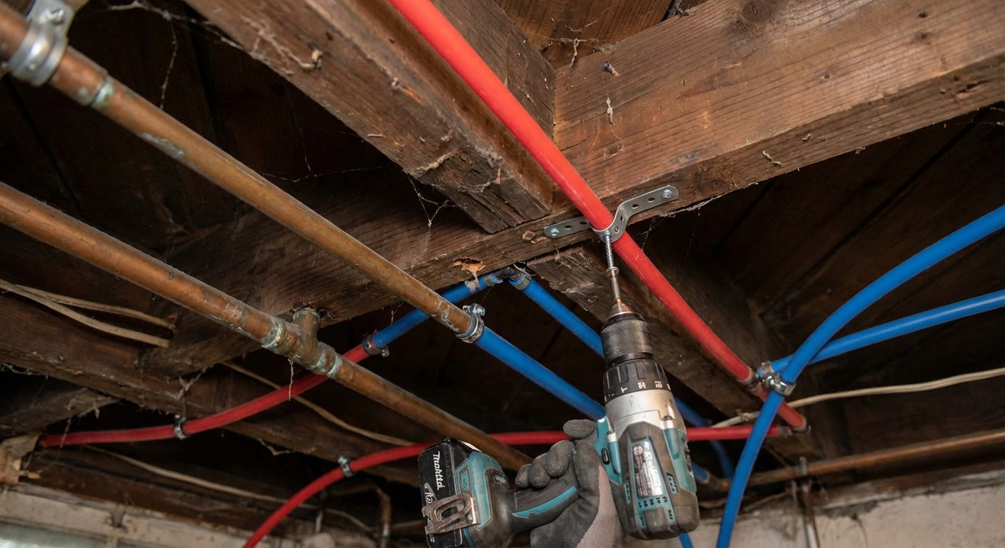 A real photo of exposed plumbing in a basement ceiling with PEX and copper lines running through joists, and a metal pipe strap being fastened to a wooden joist with a screw, close-up DIY maintenance scene