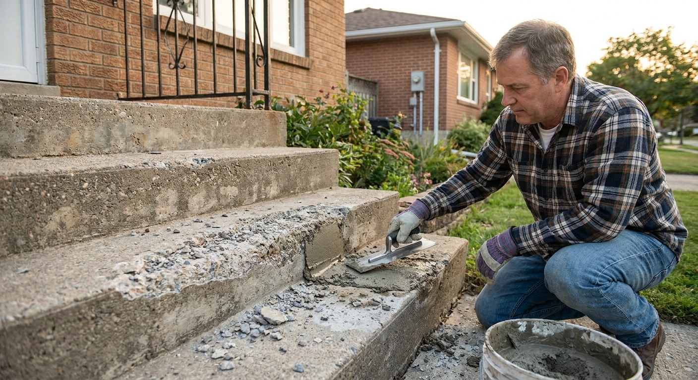 A real photo of exterior concrete front steps with visible spalling and flaking along the tread edge, with a homeowner kneeling nearby holding a margin trowel, natural daylight