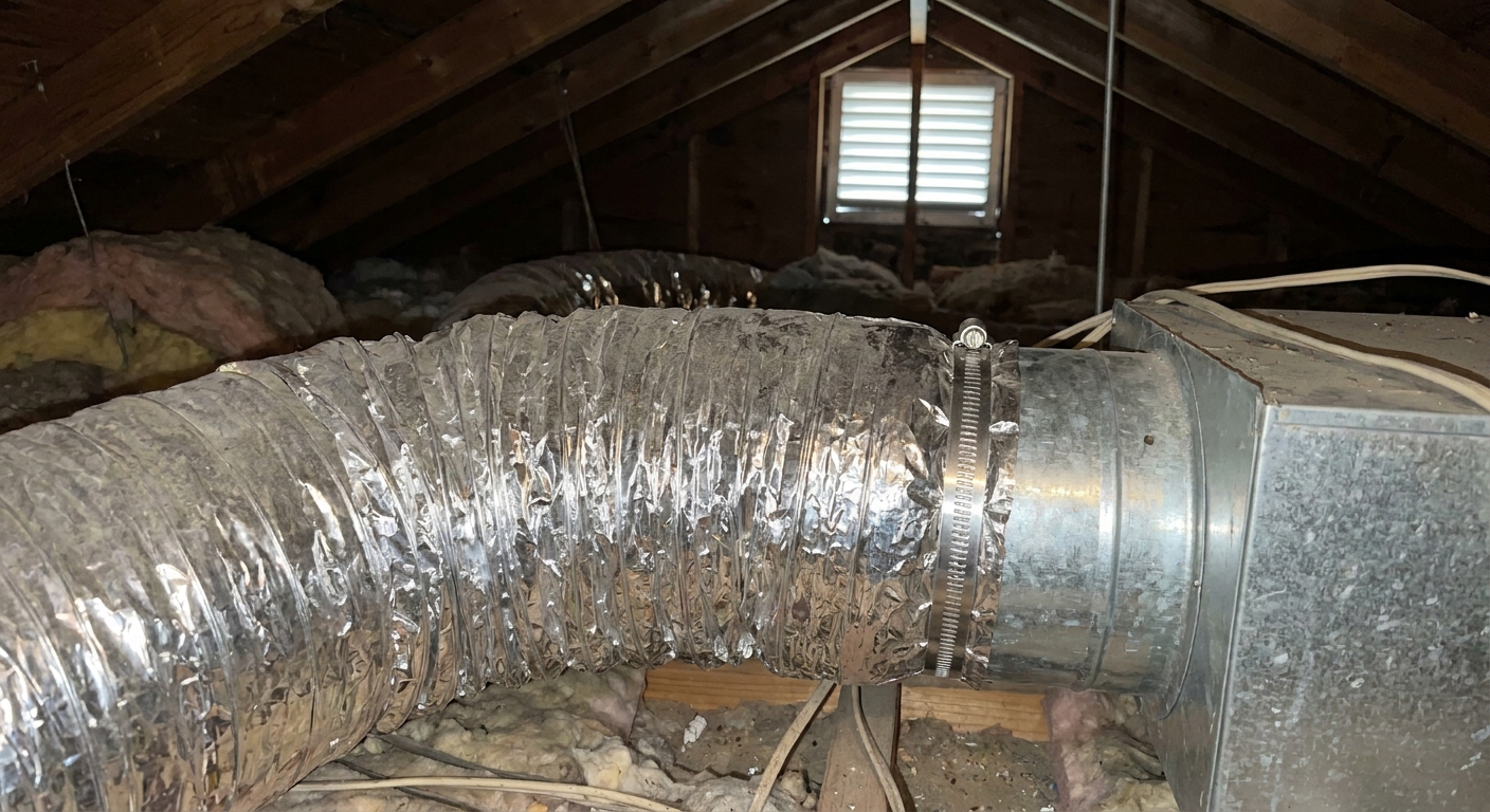 A real photo of flexible HVAC ductwork in an attic with a metal clamp securing it to a duct collar