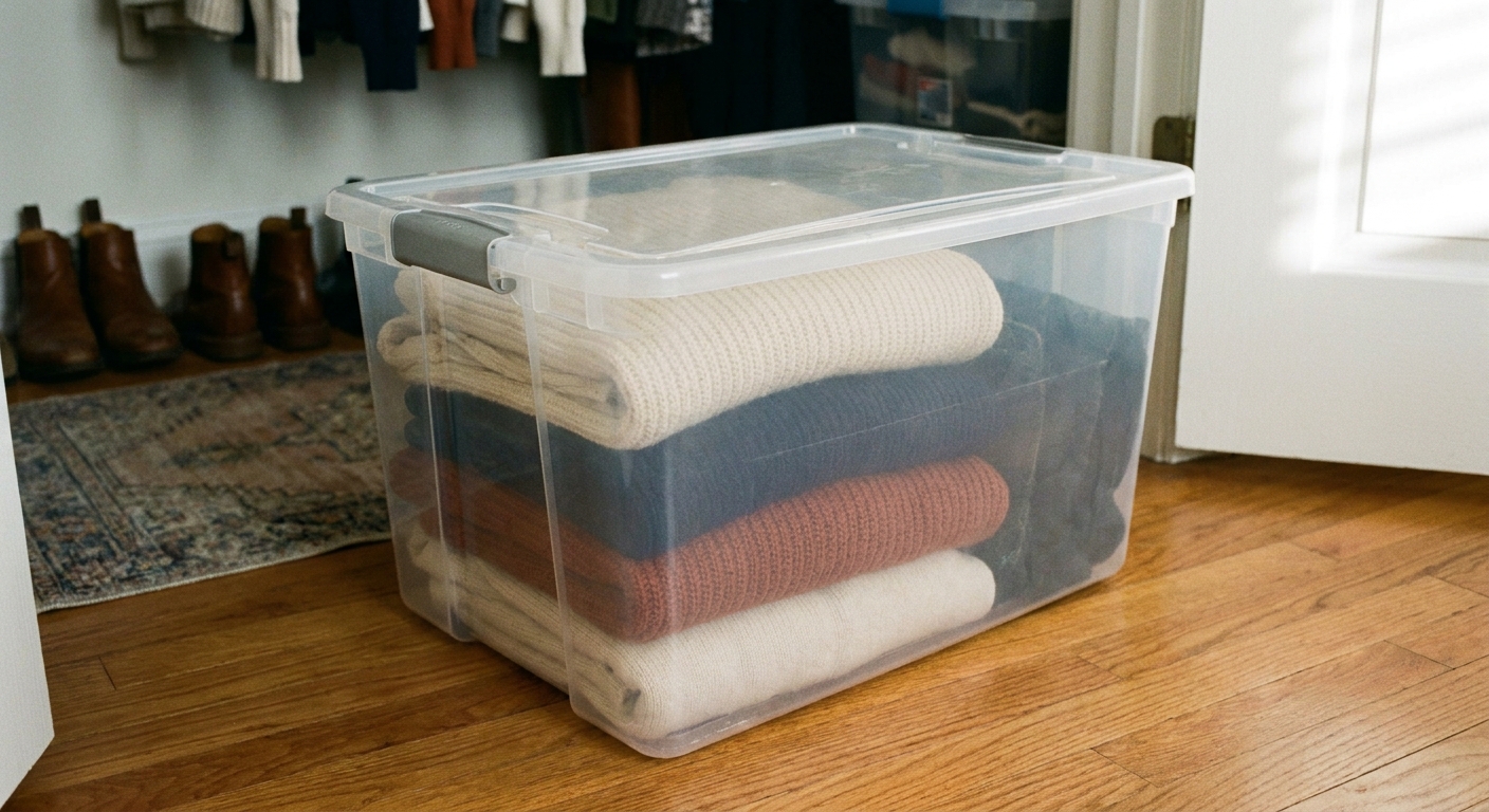 A real photo of folded sweaters inside a clear airtight plastic storage bin with a latching lid on a closet floor