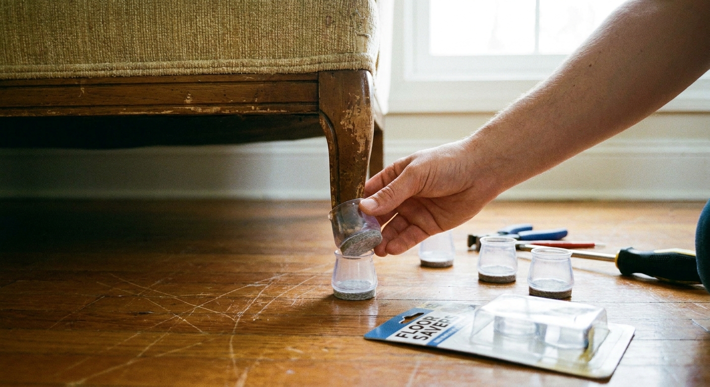 A real photo of furniture leg protectors being installed on a sofa leg for floor protection
