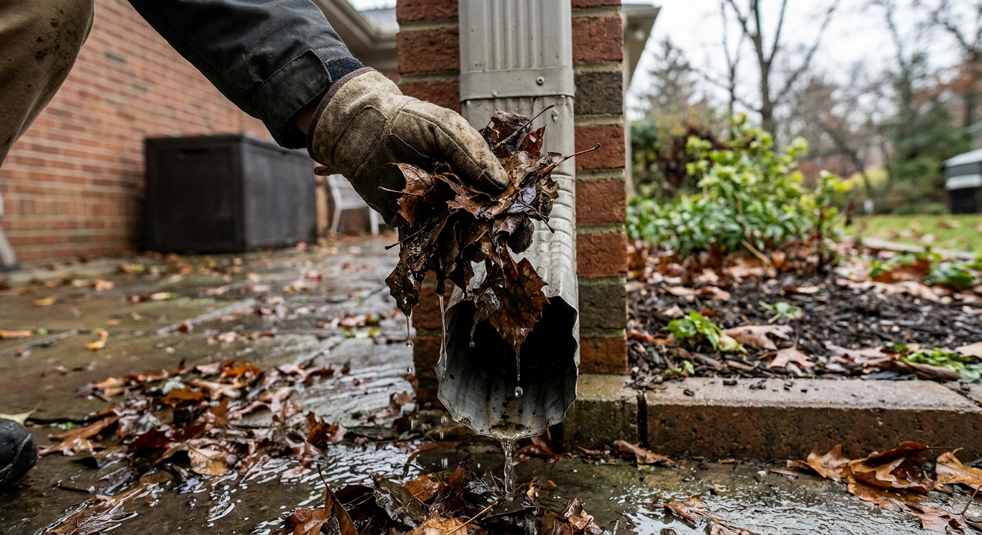 A real photo of gloved hands removing wet leaves from a gutter downspout outlet opening during cleanup