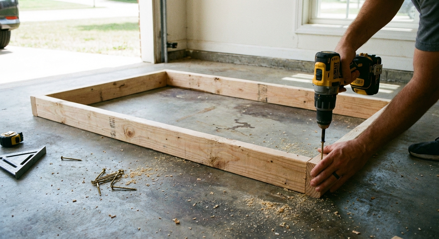 A real photo of hands assembling a rectangular 2x4 frame on a concrete garage floor, with a drill driving screws into a corner joint, natural workshop lighting