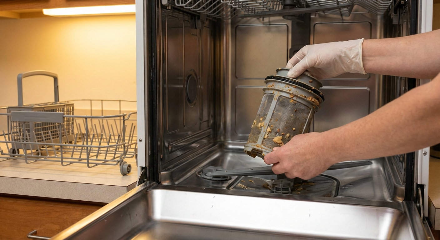 A real photo of hands lifting a cylindrical dishwasher filter out of the bottom of the tub with the lower rack removed, kitchen lighting