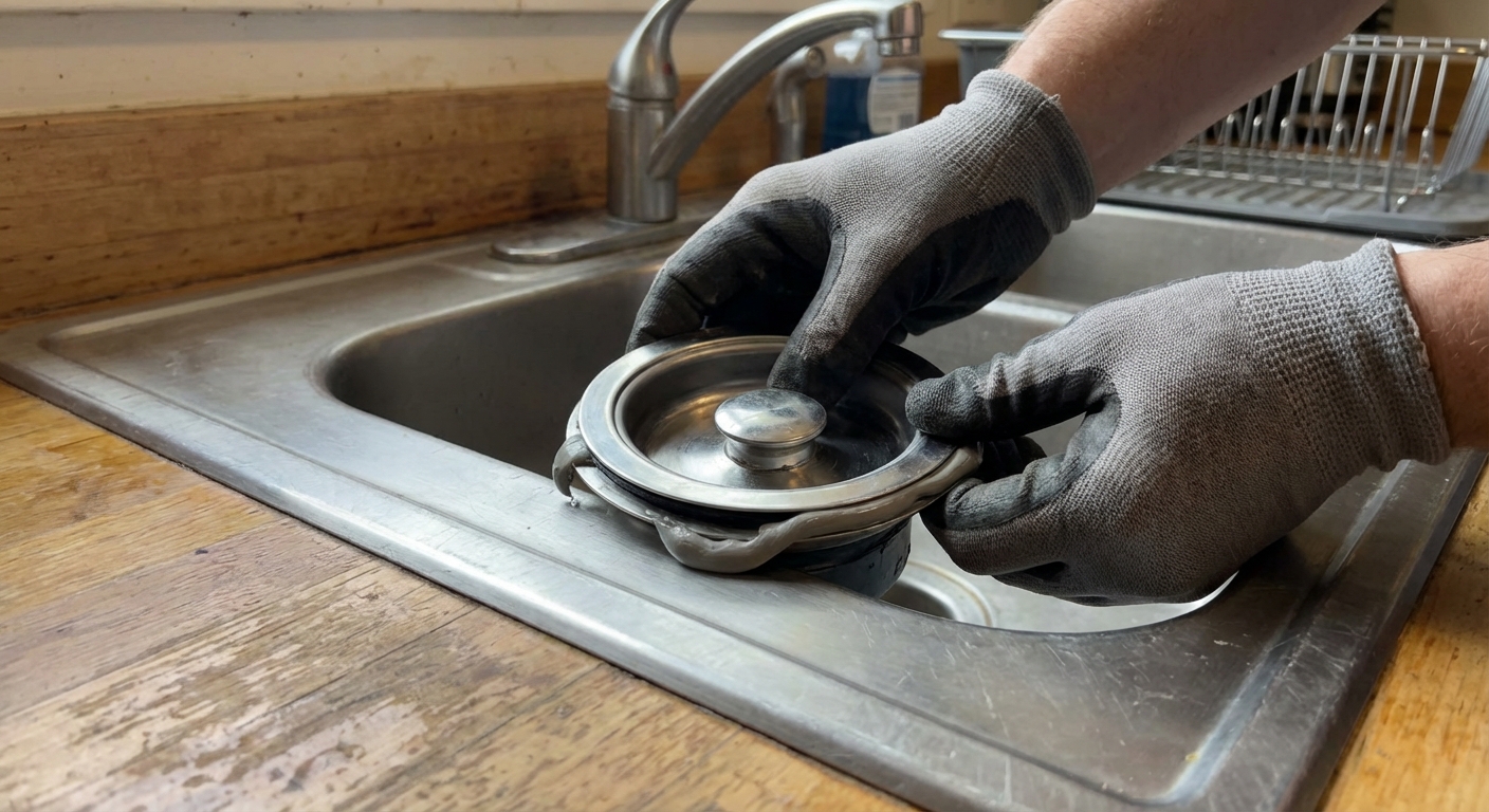 A real photo of hands pressing a stainless steel garbage disposal sink flange into the sink drain opening with plumber’s putty visible around the edge, kitchen sink in view