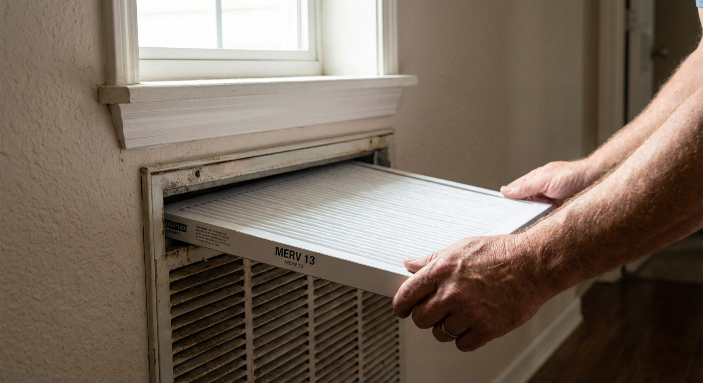 A real photo of hands sliding a pleated HVAC air filter into a return grille slot in a hallway, close-up view, natural indoor light