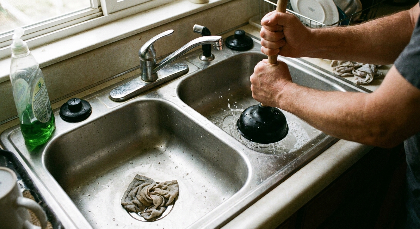 A real photo of hands using a black rubber cup plunger on a kitchen sink drain while the other basin drain is plugged with a wet rag