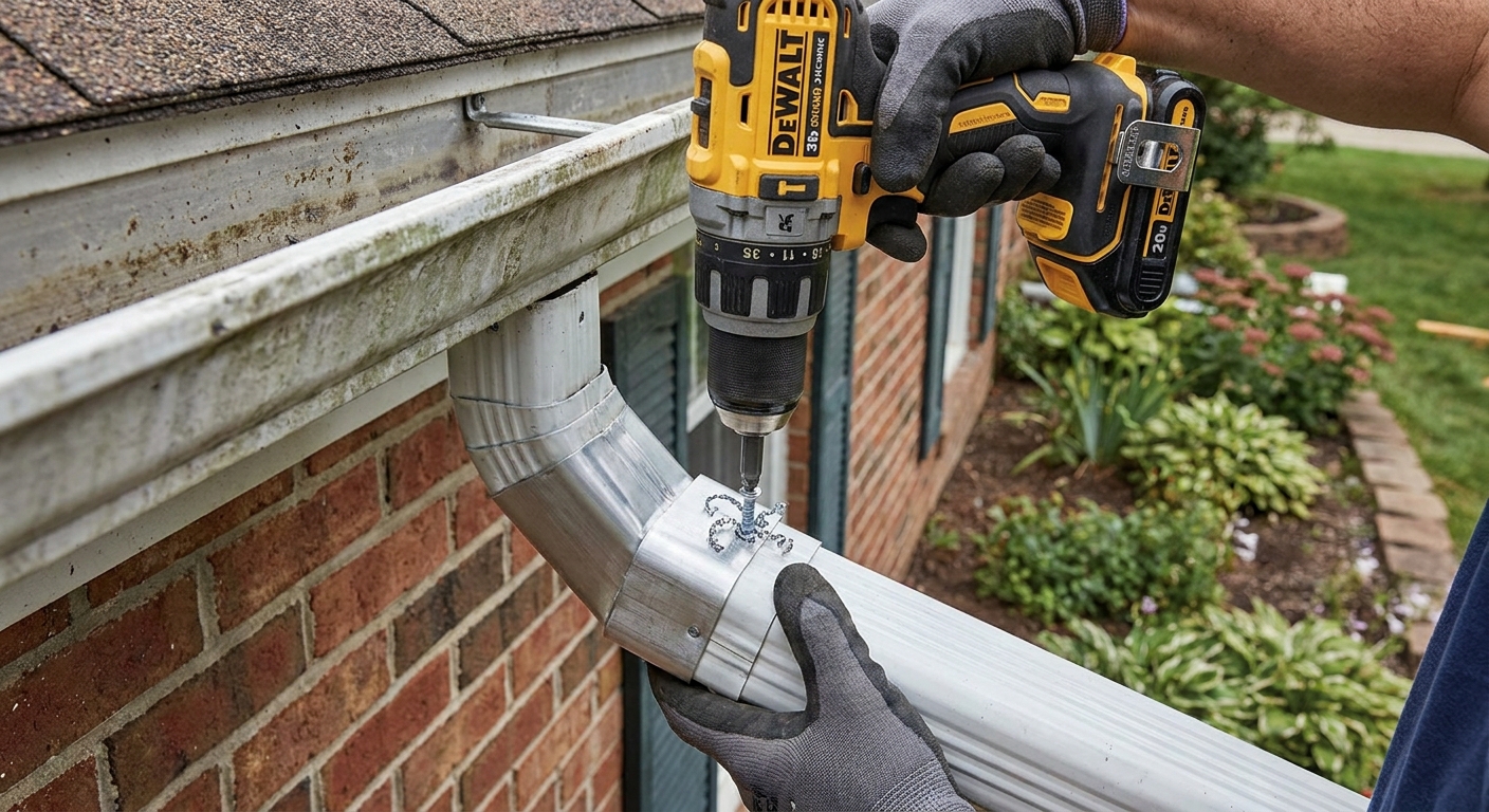 A real photo of hands using a cordless drill to drive a sheet metal screw through a downspout adapter into a downspout extension
