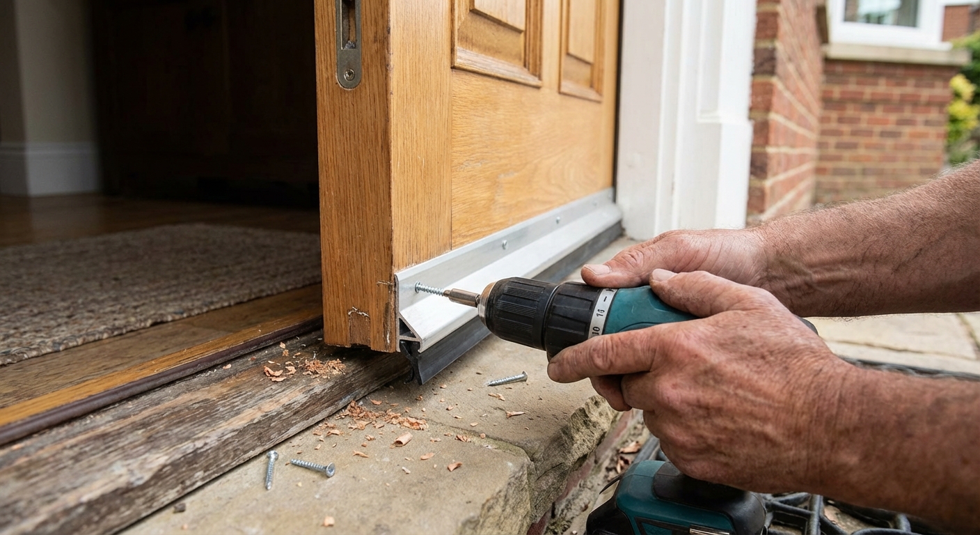 A real photo of hands using a drill to install a new door sweep on the bottom of an exterior door, with the door slightly open and the threshold visible