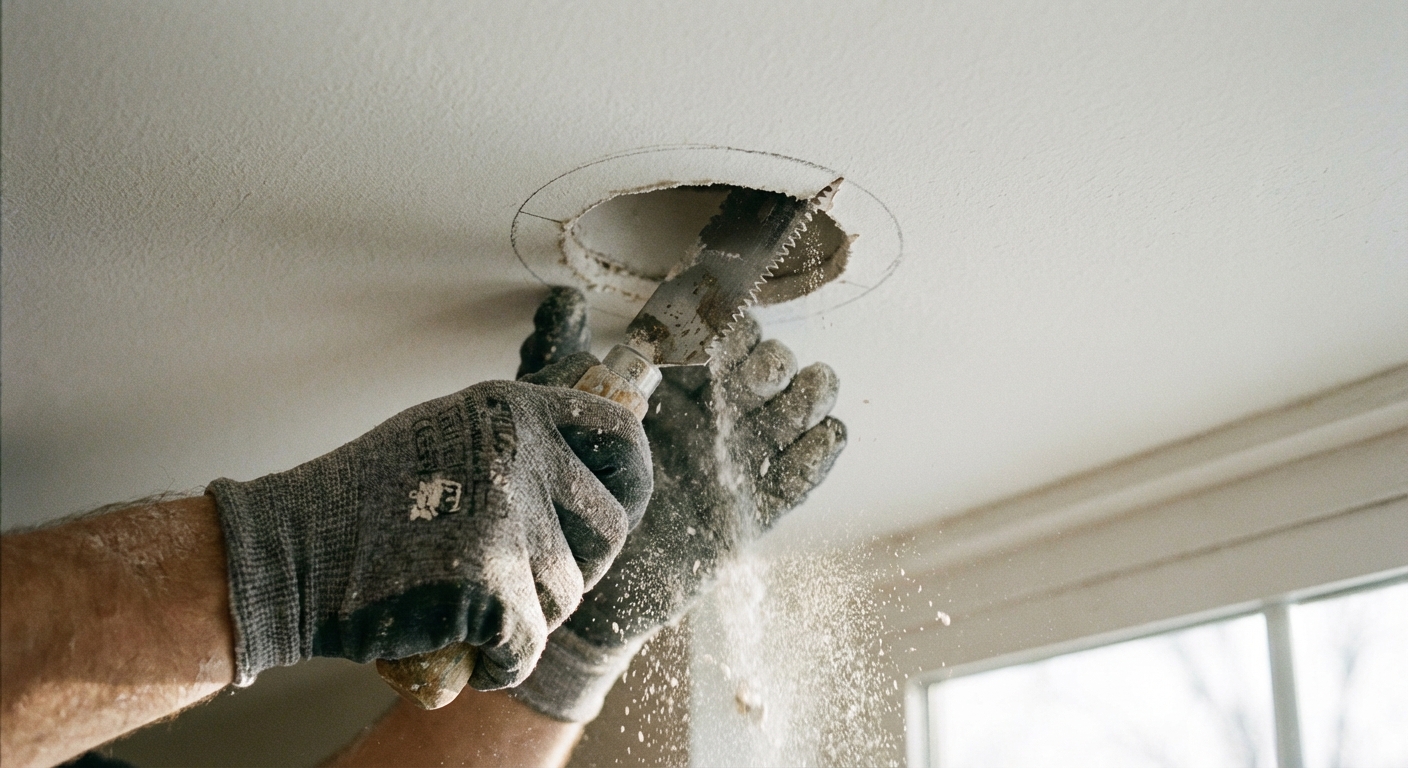 A real photo of hands using a drywall jab saw to cut a round recessed light opening in a white ceiling with light dust falling, close-up view