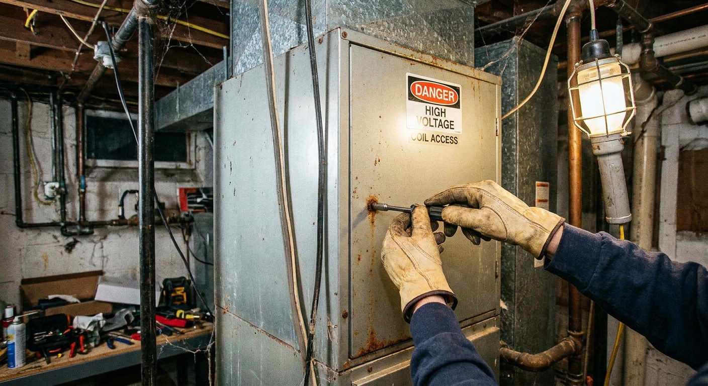 A real photo of hands using a nut driver to remove screws from an indoor HVAC coil access panel in a basement mechanical area