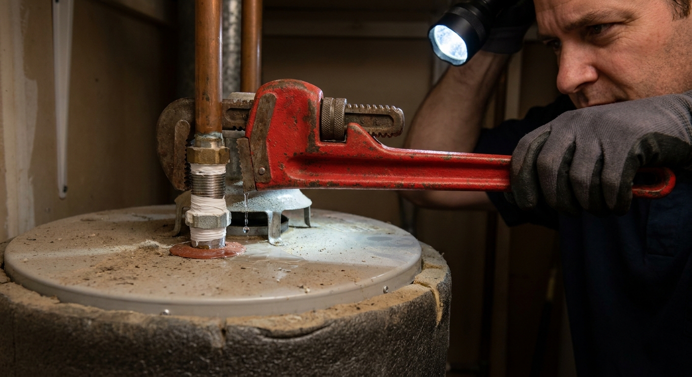 A real photo of hands using a pipe wrench to loosen the cold water inlet nipple on top of a residential tank water heater