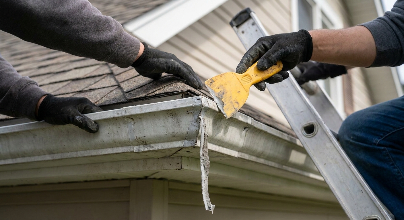 A real photo of hands using a plastic putty knife to remove old sealant from an aluminum gutter corner miter while standing on a ladder